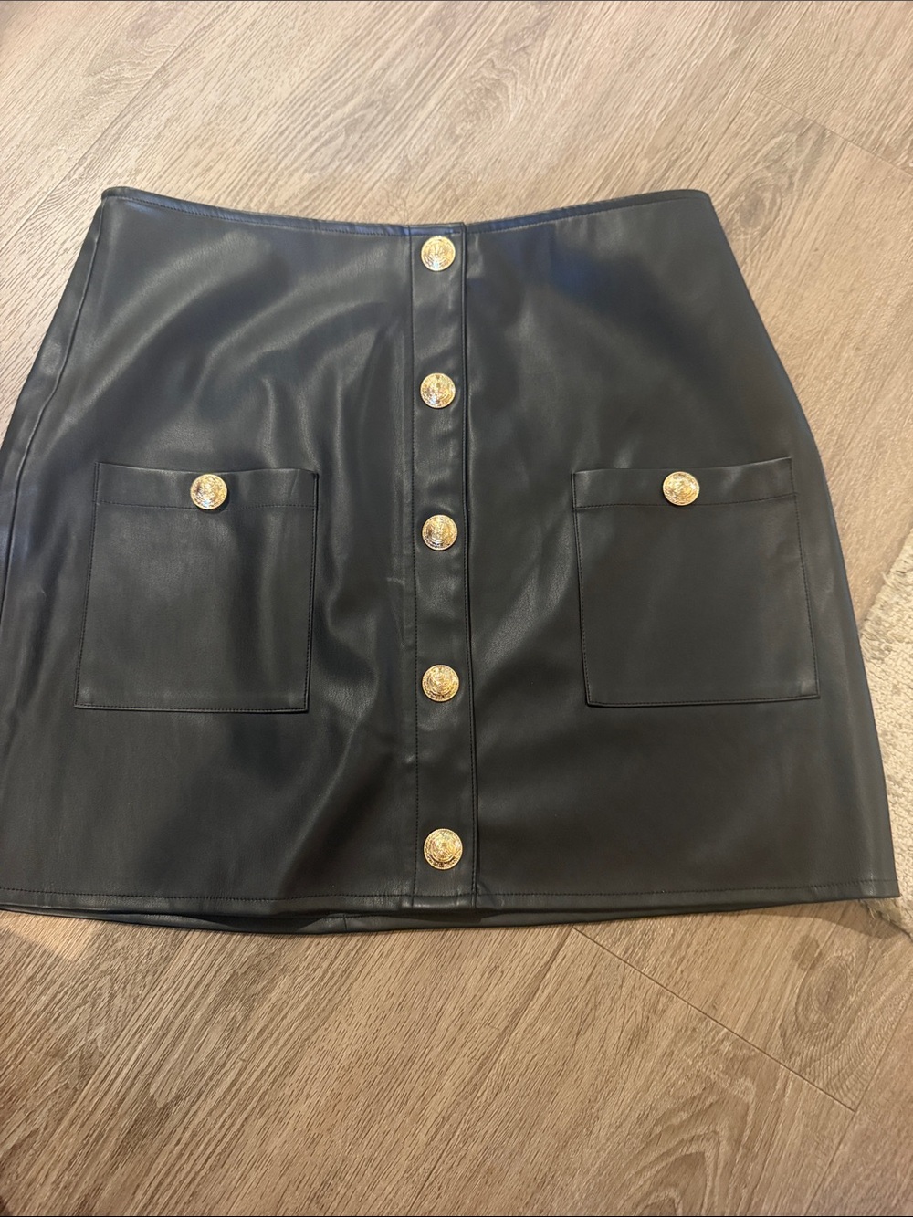 L'AGENCE Black Faux Leather Button-Front Mini Skirt with Gold Buttons